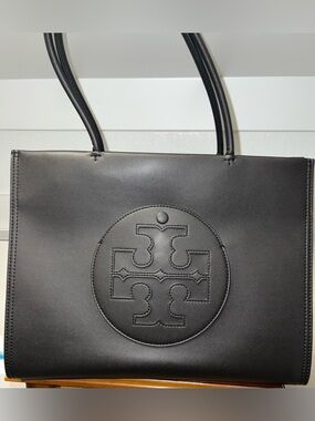 Tory Burch Black Leather Embossed Logo Tote